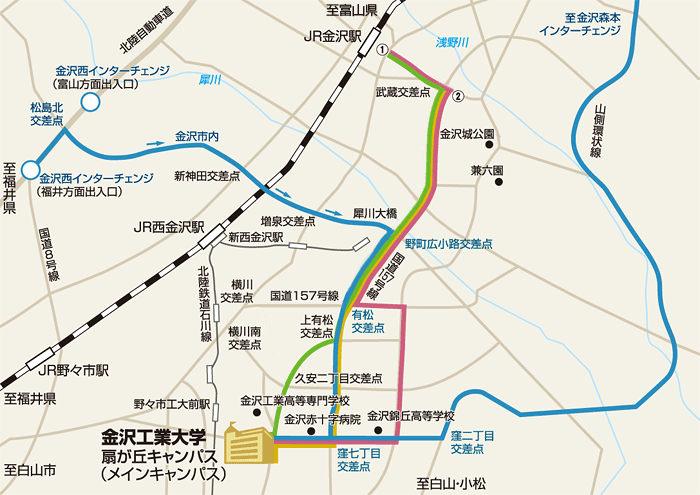 石川県産業展示館1・2・3号館の最寄駅西金沢駅からの徒歩ルート（約49分） - MDATA